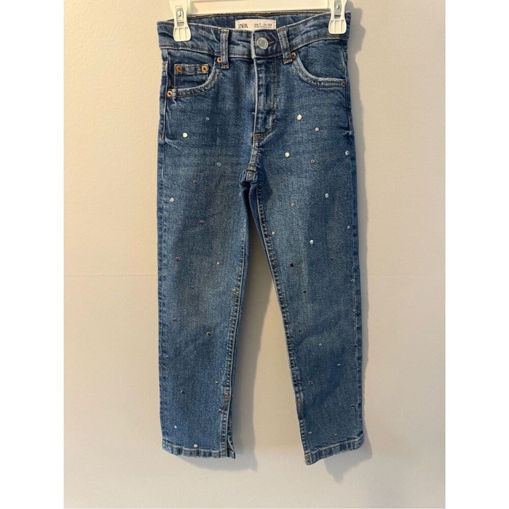 Zara Girls Blue Denim Jeans with Rhinestone Accents Size 7